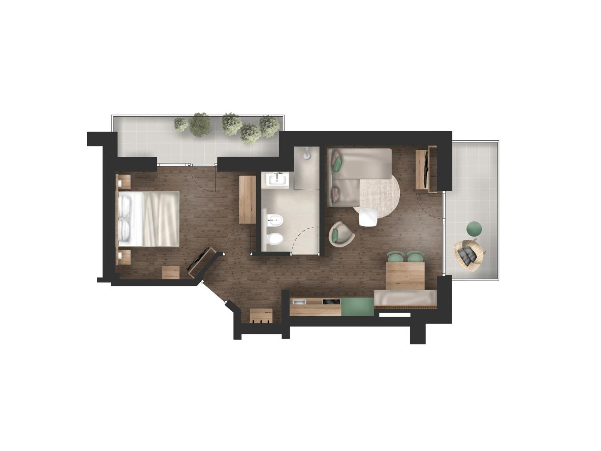 Apartment mit 1 Schlafzimmer und Balkon